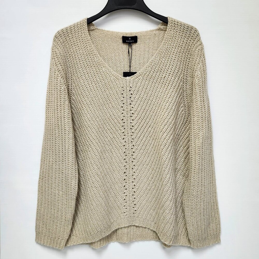 Monari Women's Gold Sparkle Long Sleeved V-Neck Pullover Sweater Size 14
